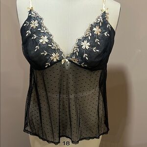 Cacique 26/28 Black Sheer Floral Embroidered Camisole